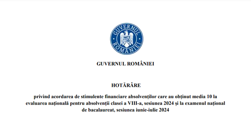 5.000 lei pentru premiantii Romaniei (Document)