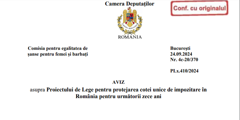 Aviz nou pe proiectul de lege privind mentinerea cotei unice de impozitare pana in 2033. Initiativa a fost adoptata deja de Senat (Documente)