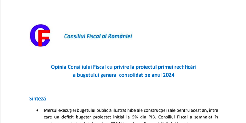 Consiliul Fiscal estimeaza ca deficitul bugetar va fi in jur de 8% din PIB in 2024 (Document)