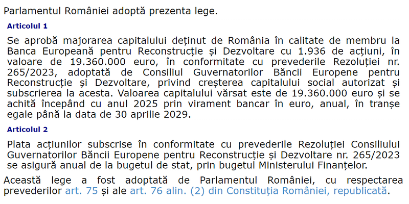 Legea prin care Romania plateste peste 19 milioane de euro Bancii Europene, in Monitorul Oficial (Legea)