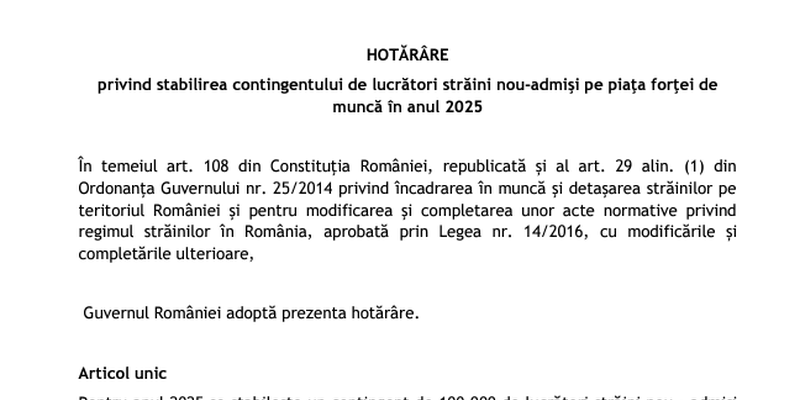 Liber pentru aducerea de muncitori straini in Romania. Guvernul aproba hotararea in urma solicitarii mediului de afaceri (Document)